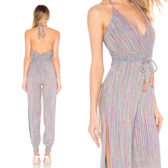 Majorelle Lisbon Jumpsuit in Rainbow Stripe Size XS Halter Split Hem Boho - Picture 1 of 14
